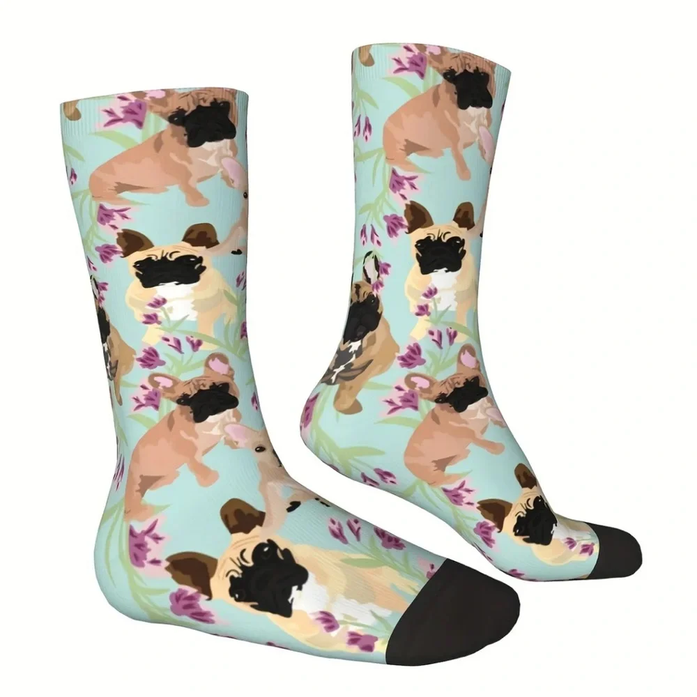 French Bulldog Dog and Floral Print Crew Socks - Unisex